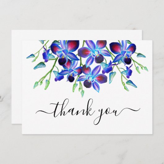 Floral Elegant Waterverf Blue Orchids Script Bedankkaart (Voorkant / Achterkant)