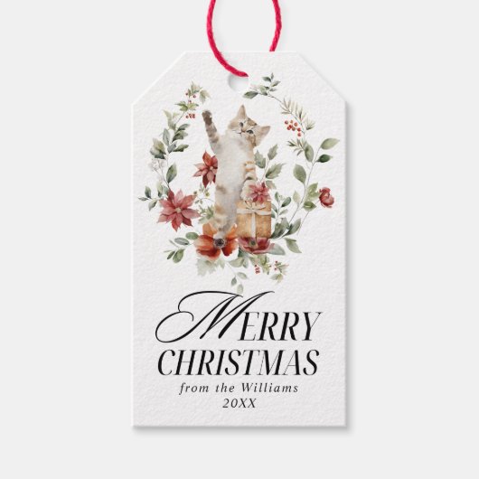 Floral Elegant Waterverf Kat Vrolijk Kerstfeest Cadeaulabel (Voorkant)