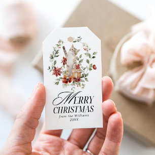 Floral Elegant Waterverf Kat Vrolijk Kerstfeest Cadeaulabel