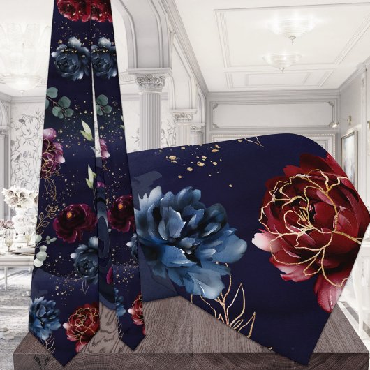 Floral Elegant Waterverf voor de Burgundy Navy Wed Stropdas