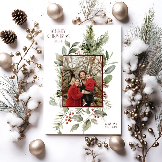 Floral Elegant Waterverf Vrolijk Kerstfeest Foto Feestdagenkaart