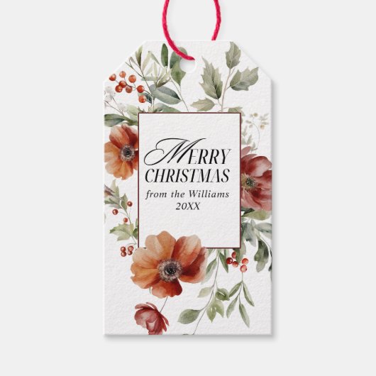 Floral Elegant Waterverf Vrolijke kerstwensen Cadeaulabel (Voorkant)