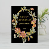 Floral Elegant Waterverf Zwart Vrolijk Kerstfeest Folie Feestdagenkaart (Staand Voorkant)