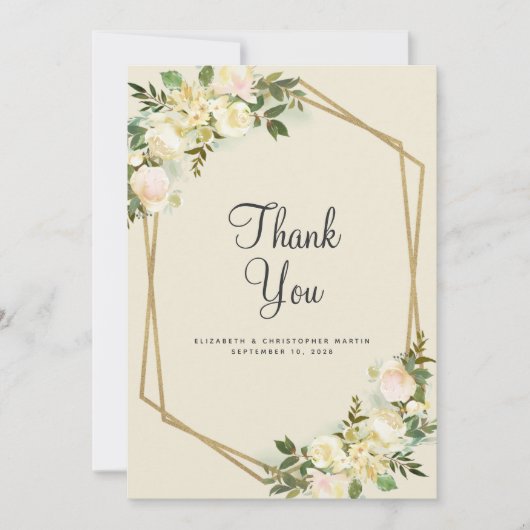 Floral Elegant Wedding Gold Lijst Waterverf Roos Bedankkaart (Voorkant)