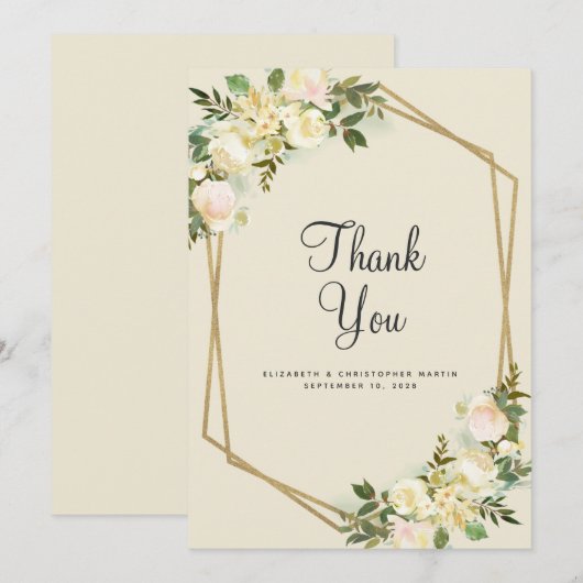 Floral Elegant Wedding Gold Lijst Waterverf Roos Bedankkaart (Voorkant / Achterkant)