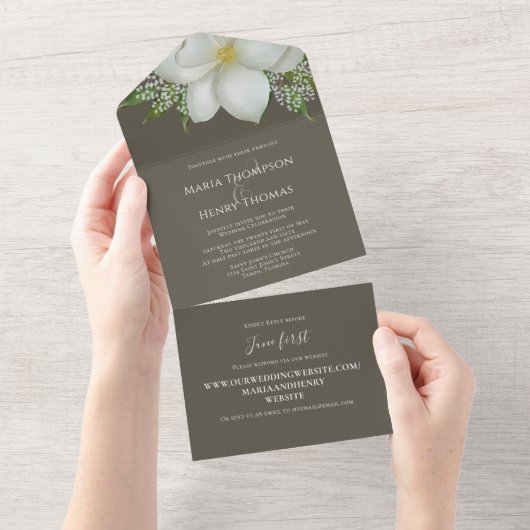 Floral Elegant White Magnolia Guest All In One Uitnodiging (Afscheurbaar)