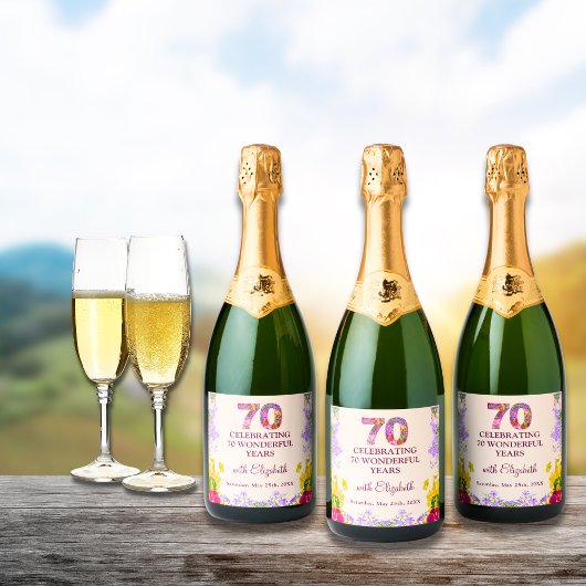 Floral elegante 70e verjaardag fles bloem 70 jaar sparkling wijnetiket