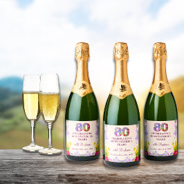 Floral elegante 80ste verjaardag fles bloem 80 jaa sparkling wijnetiket