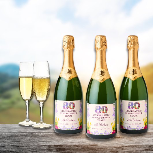 Floral elegante 80ste verjaardag fles bloem 80 jaa sparkling wijnetiket