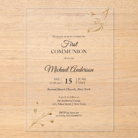 Floral elegante Eerste Communie Religieuze gebeurt Acryl Uitnodigingen (Voorkant)