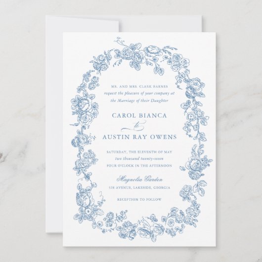 Floral Elegante  Franse Blauwe Rozen bruiloft Kaart (Voorkant)