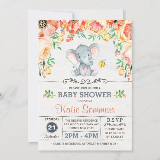 Floral Elephant Baby shower Autumn Herfst Uitnodig Kaart (Voorkant)