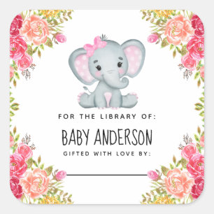 Floral Elephant Baby shower Bookplaat Vierkante Sticker