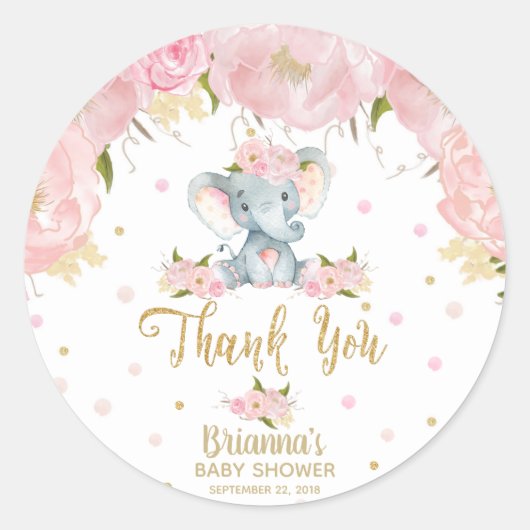 Floral Elephant Baby shower dank u Ronde Sticker (Voorkant)