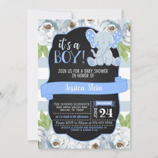 Floral Elephant Baby shower Invitation - Boy Kaart (Voorkant)