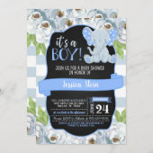 Floral Elephant Baby shower Invitation - Boy Kaart (Voorkant / Achterkant)