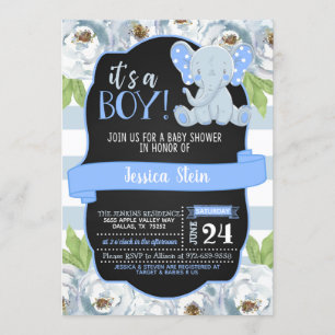 Floral Elephant Baby shower Invitation - Boy Kaart