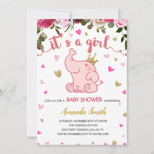 Floral Elephant Baby shower Invitation Kaart Girl (Voorkant)