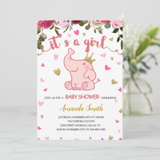 Floral Elephant Baby shower Invitation Kaart Girl (Staand voorkant)