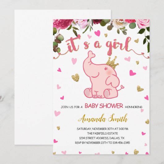 Floral Elephant Baby shower Invitation Kaart Girl (Voorkant / Achterkant)