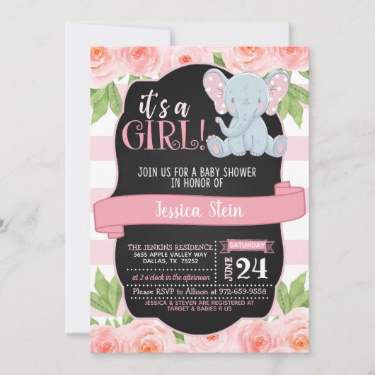 Floral Elephant Baby shower Invitation - Meisje Kaart (Voorkant)