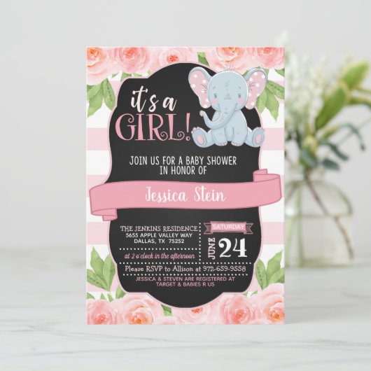 Floral Elephant Baby shower Invitation - Meisje Kaart (Staand voorkant)