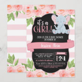 Floral Elephant Baby shower Invitation - Meisje Kaart (Voorkant / Achterkant)
