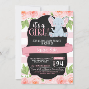 Floral Elephant Baby shower Invitation - Meisje Kaart