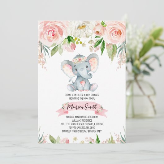 Floral Elephant Baby Shower Kaart (Staand voorkant)