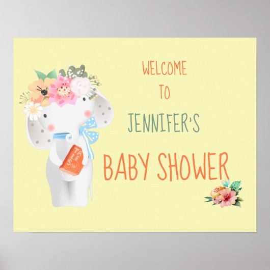Floral Elephant  Baby shower Sign Poster (Voorkant)
