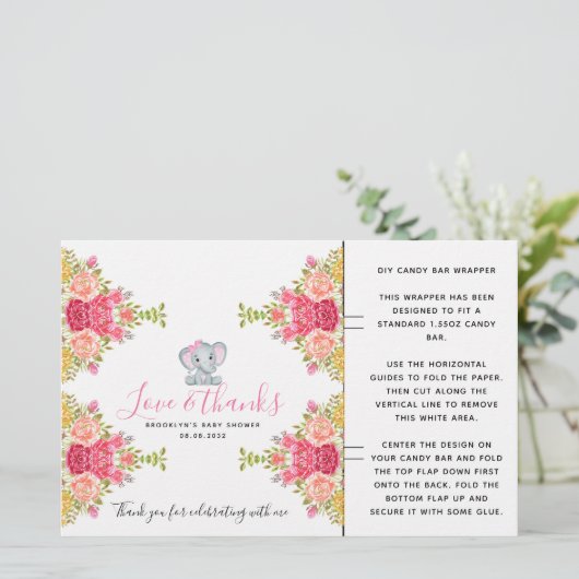 Floral Elephant Baby shower Snoep Bar Wrapper (Staand voorkant)