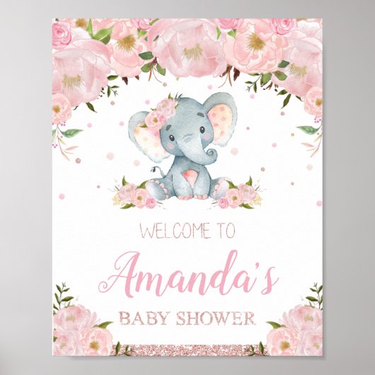 Floral Elephant Baby shower Welcome Sign Poster (Voorkant)