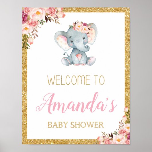 Floral Elephant Baby shower Welcome Sign Poster (Voorkant)