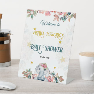 Floral Elephant  Baby Shower Welcome Sign. Reclamebord Met Voetstuk
