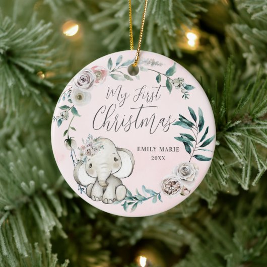  Floral Elephant Girl Baby eerste Kerstmis Keramisch Ornament (Boom)