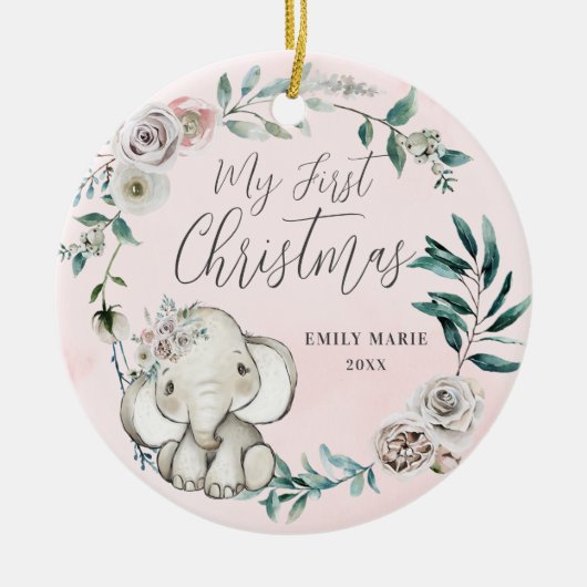 Floral Elephant Girl Baby eerste Kerstmis Keramisch Ornament (Voorkant)