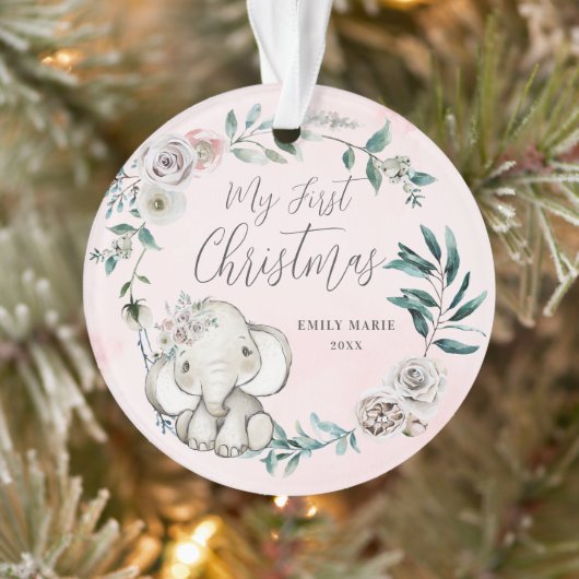 Floral Elephant Girl Baby eerste Kerstmis Ornament (Boom)