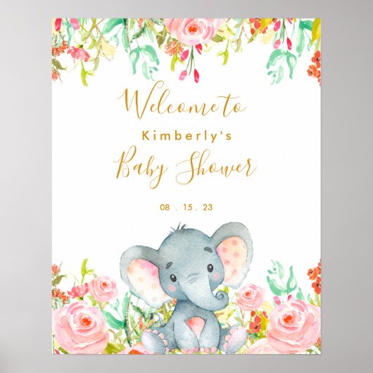 Floral Elephant Girl Baby shower Welkom Poster (Voorkant)