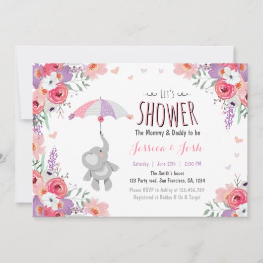 Floral Elephant Invitation baby shower Girl Pink Kaart (Voorkant)