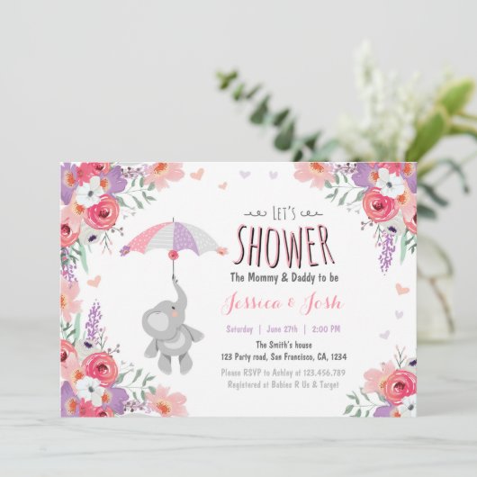 Floral Elephant Invitation baby shower Girl Pink Kaart (Staand voorkant)