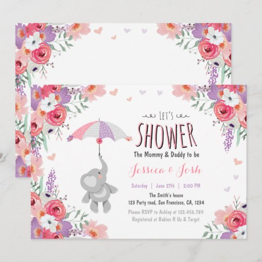 Floral Elephant Invitation baby shower Girl Pink Kaart (Voorkant / Achterkant)