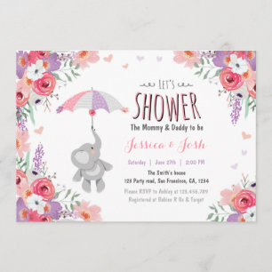 Floral Elephant Invitation baby shower Girl Pink Kaart