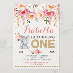 Floral Elephant Invitation Pink Gold Boho Birthday Kaart