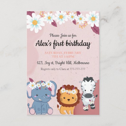 Floral Elephant Lion Zebra 1e verjaardag uitnodigi Informatiekaartje (Voorkant)