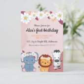 Floral Elephant Lion Zebra 1e verjaardag uitnodigi Informatiekaartje (Staand voorkant)
