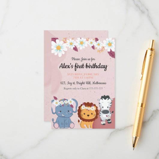 Floral Elephant Lion Zebra 1e verjaardag uitnodigi Informatiekaartje (Voorkant / Achterkant in situ)