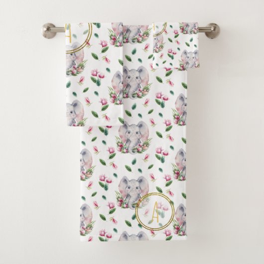 Floral ELEPHANT Monogram Girl Pink Bedroom Nursery Bad Handdoek (Insitu)