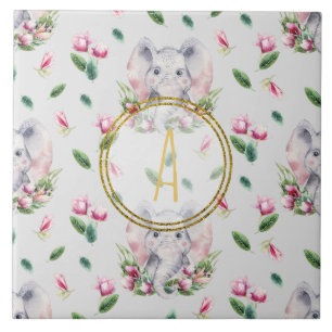 Floral ELEPHANT Monogram Girl Pink Bedroom Nursery Tegeltje