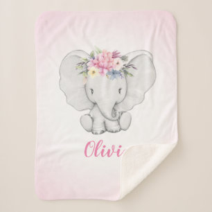 Floral Elephant Personalized Girl Baby Sherpa Deken