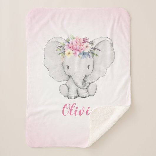 Floral Elephant Personalized Girl Baby Sherpa Deken (Voorkant)